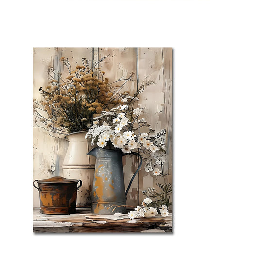 1 Piece Framed Wooden Canvas Painting, Rustic Wood Frame Canvas Art - Cream Yellow Wood Grain With White Jasmine Flowers With Rust Colored Watering Can, Suitable For Living Room Or Bedroom Decoration