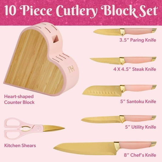 10-Piece Heart-Shaped Stainless Steel Knife Block Set, Pink, Hand Wash Only