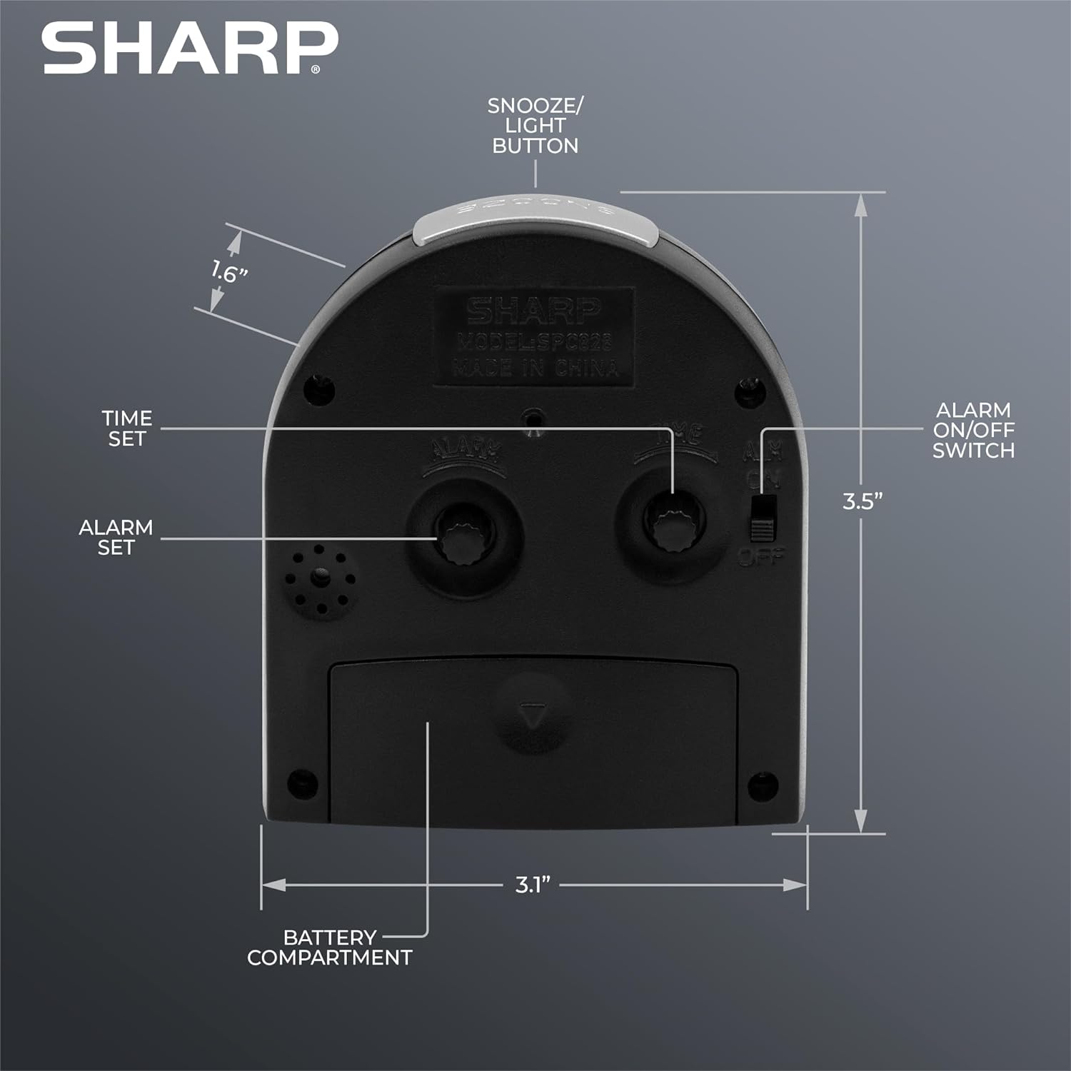Sharp Battery-Powered Analog Alarm Clock, Silent Sweep, Snooze and Light | Silent no-tick movement; Ascending beep alarm; Gentle wake; Snooze; On-demand light; Compact size; Battery operated; Black