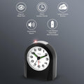 Sharp Battery-Powered Analog Alarm Clock, Silent Sweep, Snooze and Light | Silent no-tick movement; Ascending beep alarm; Gentle wake; Snooze; On-demand light; Compact size; Battery operated; Black