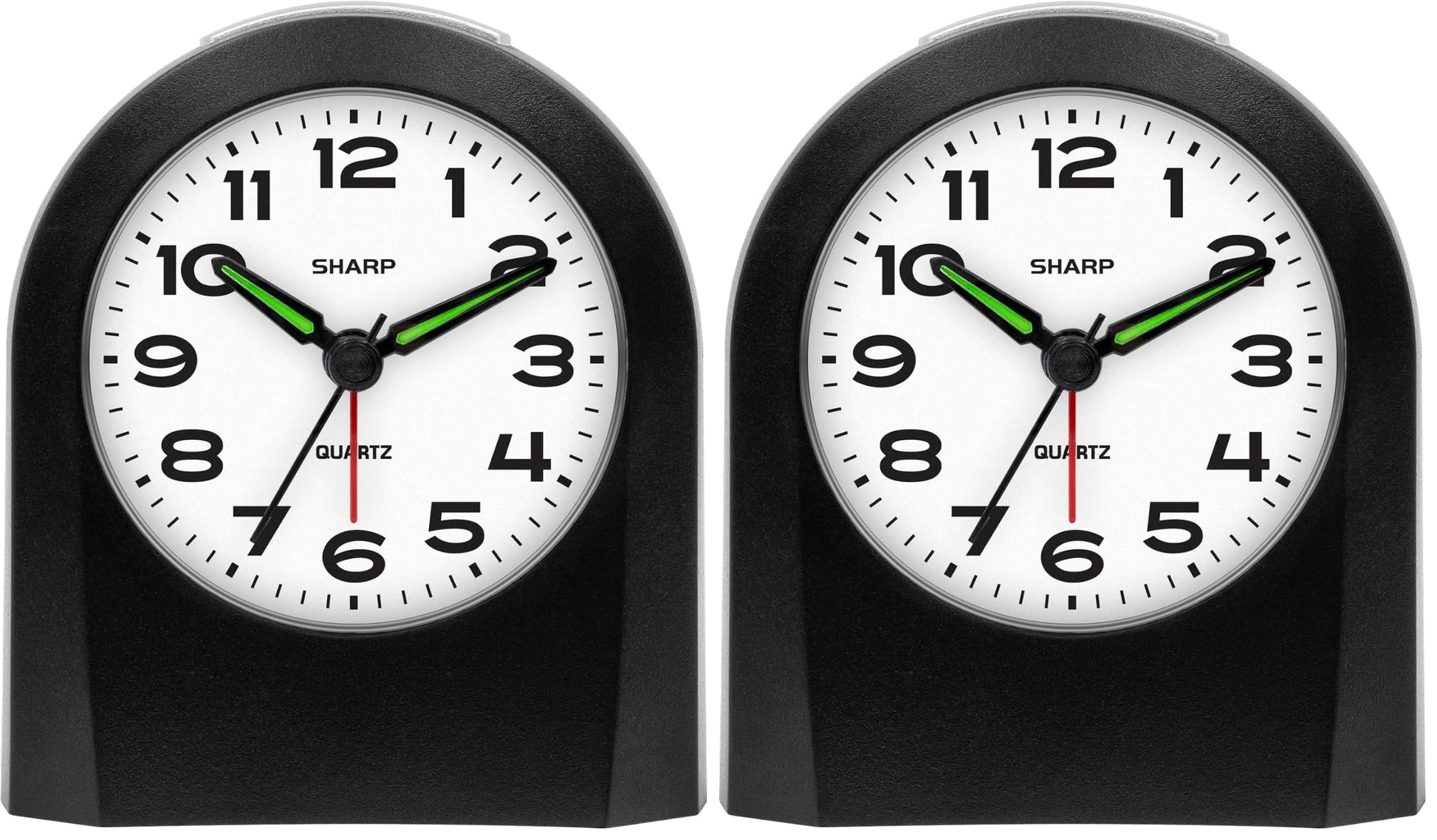Sharp Battery-Powered Analog Alarm Clock, Silent Sweep, Snooze and Light | Silent no-tick movement; Ascending beep alarm; Gentle wake; Snooze; On-demand light; Compact size; Battery operated; Black