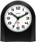 Sharp Battery-Powered Analog Alarm Clock, Silent Sweep, Snooze and Light | Silent no-tick movement; Ascending beep alarm; Gentle wake; Snooze; On-demand light; Compact size; Battery operated; Black