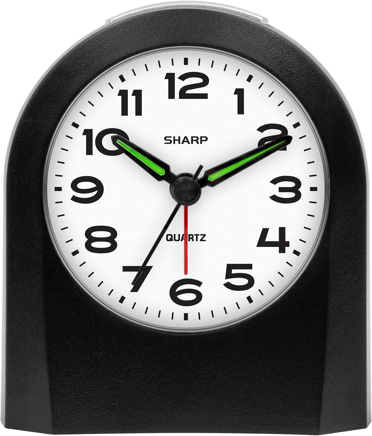 Sharp Battery-Powered Analog Alarm Clock, Silent Sweep, Snooze and Light | Silent no-tick movement; Ascending beep alarm; Gentle wake; Snooze; On-demand light; Compact size; Battery operated; Black