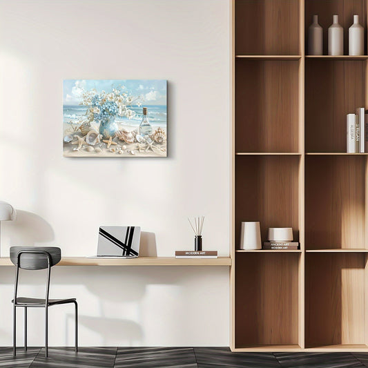 1 Piece Framed Wooden Canvas Painting, One Piece Blue Vase Floral Canvas Print, Wooden Frame Wall Art, Shell And Ocean Theme, Home And Office Decor, Suitable For Living Room, Bedroom, Kitchen, School