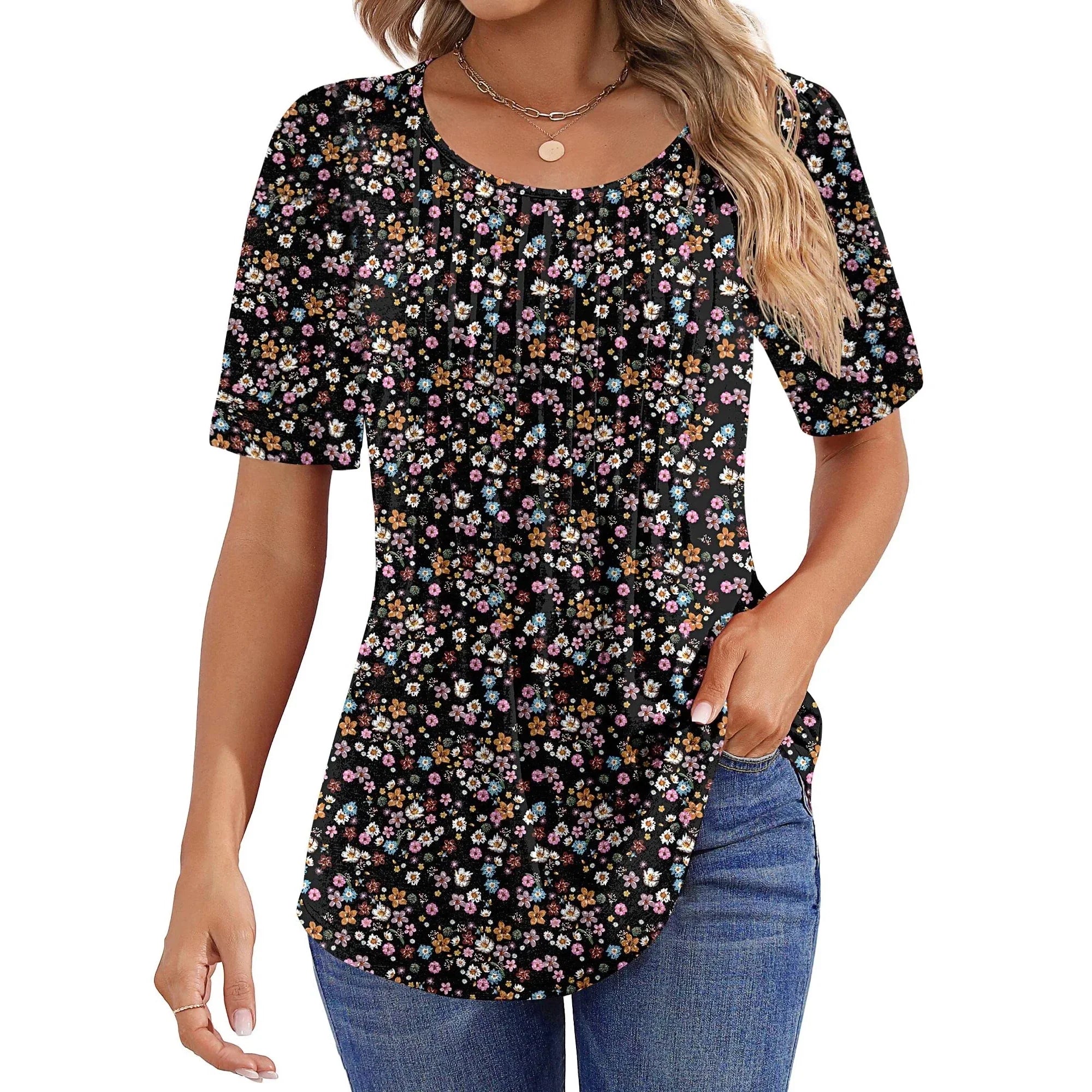 Fantaslook Blouses for Women Pleated Short Sleeve Tunic Tops Dressy Casual Summer Shirts