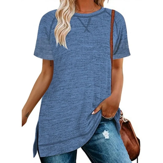 SHIBEVER Women Tops Summer Short Sleeve T Shirts Casual Loose Tunic Tops Side Split Ladies Top Comfortable Crewneck Tops Coffee L