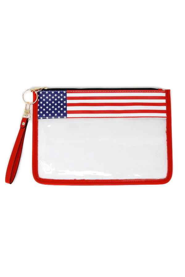 American Flag Print Transparent Wristlet Bag