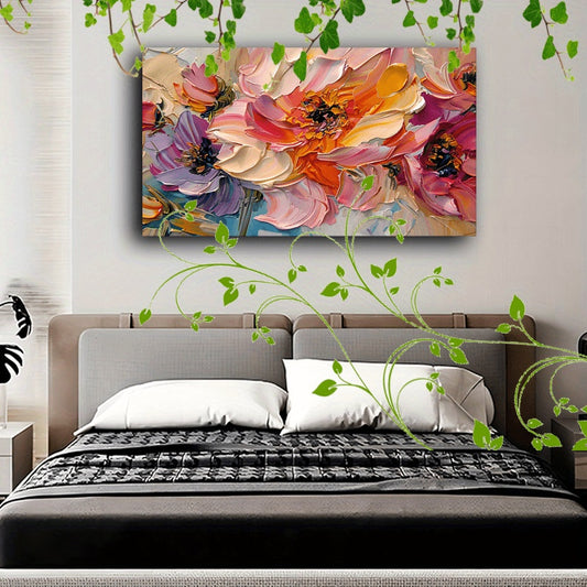 1pc Vibrant Floral Canvas Art With Wooden Frame - Textured Pastel Flowers, Abstract Blossom Arrangement For Home & Office Decor, Ideal For Living Room, Corridor, Anniversary