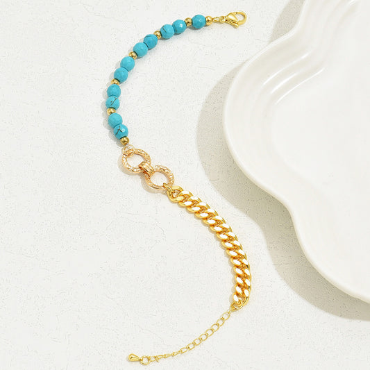 A Creative And Luxurious Instagram Style Double Ring Turquoise Multi Chain Mixed Bead Bracelet For Women's Vacation And Date Gifts