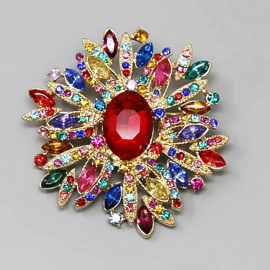 Glass Stone Embellished Flower Brooch