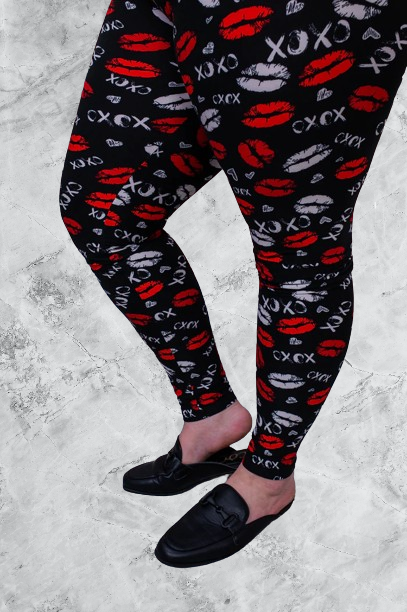 Black/Red/White Xoxo/Lips Printed Wide Band Leggings,4 in Pack