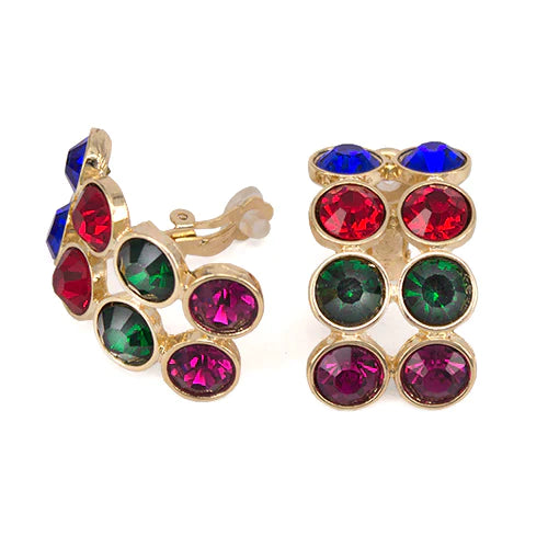 Chunky Double Row Rhinestone Curved Clip On Earrings