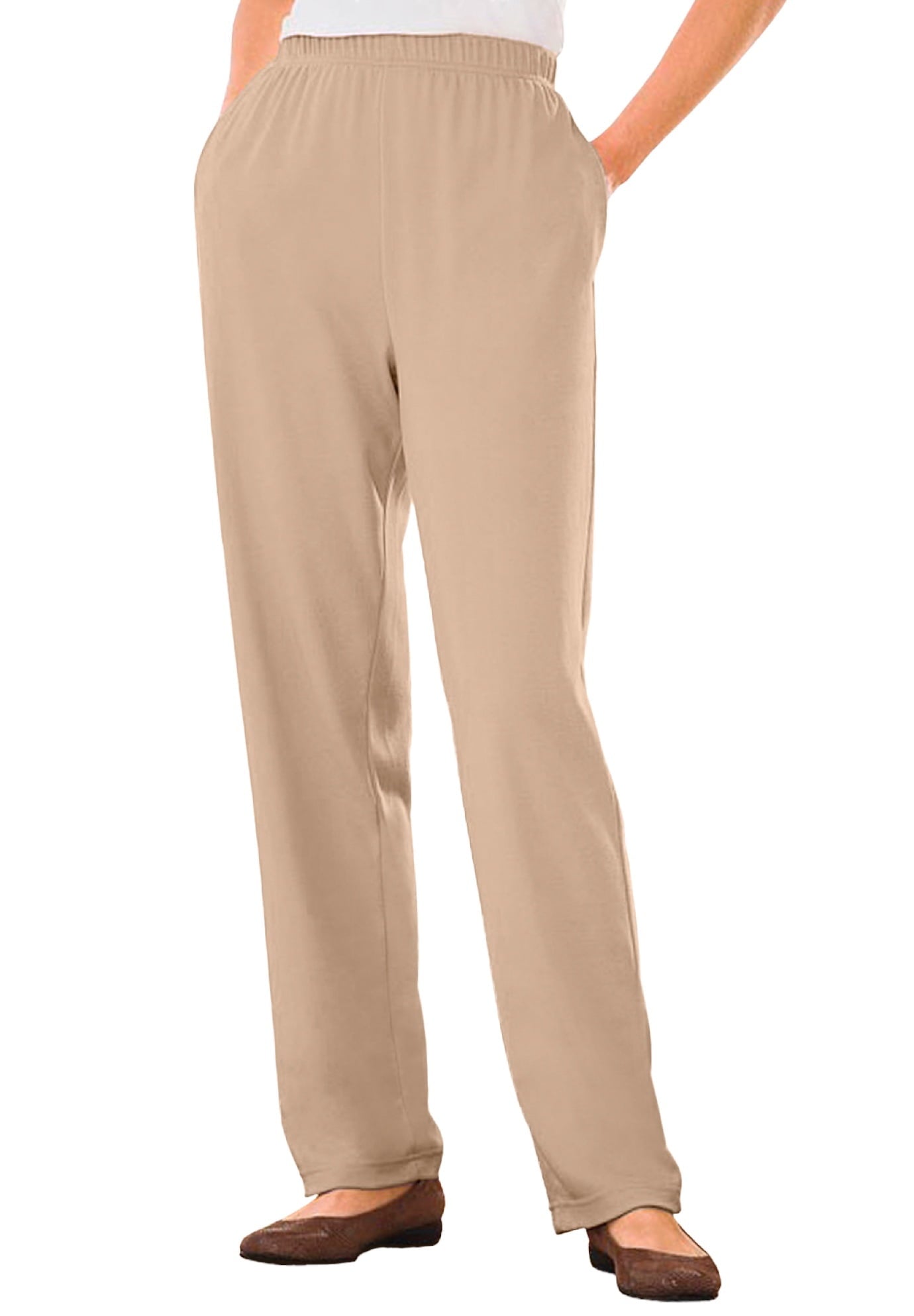 Woman Within Plus Size 7-Day Knit Straight Leg Pant | Stretch Elastic Waist | Petite & Tall - 1X, New Khaki Beige