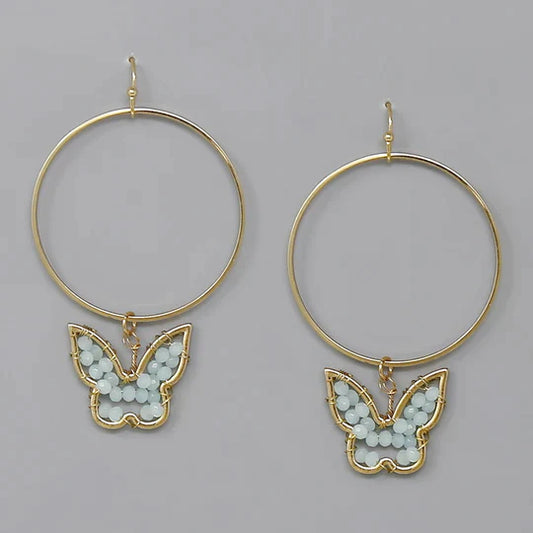 Glass Beaded Butterfly Hoop Drop Earrings