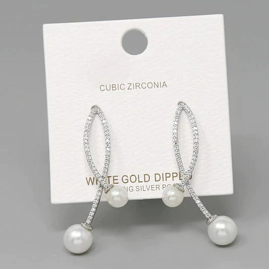 CZ Pave Pearl Detail Drop Earrings