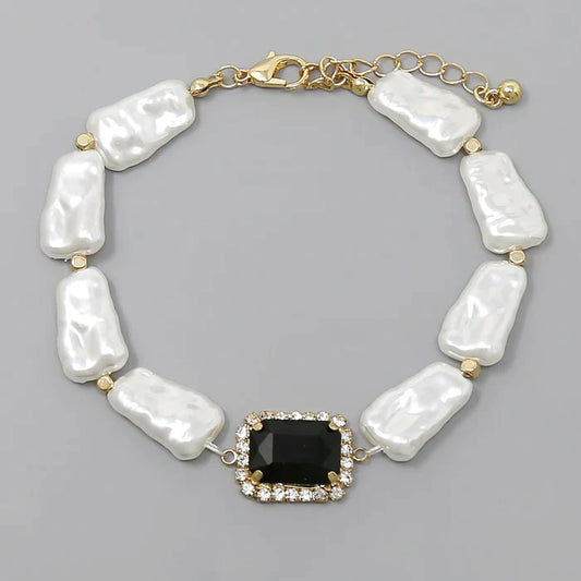 Rectangular Glass Stone Charm Pearl Beaded Bracelet