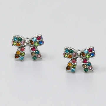 Glass Stone Pave Bow Ribbon Stud Earrings