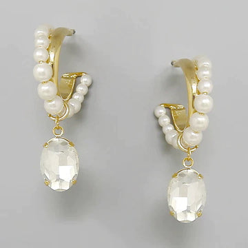 Oval Glass Stone Charm Pearl Embellished Hoop Earrings