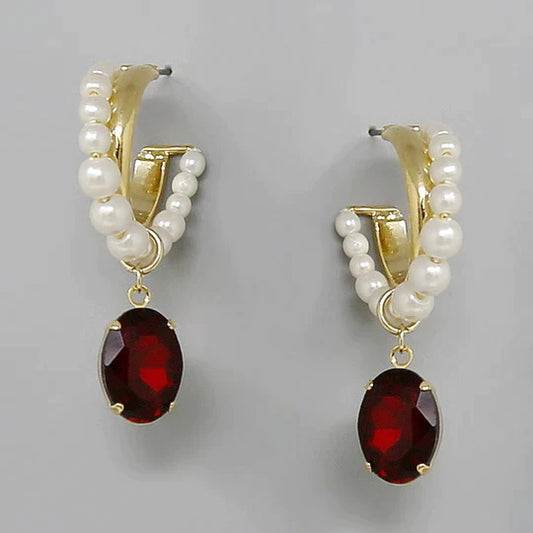 Oval Glass Stone Charm Pearl Embellished Hoop Earrings