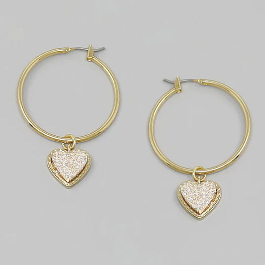 Druzy Heart Charm Hoop Earrings