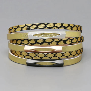 Sliding Metal Bar Snake Skin Leather Magnetic Bracelet