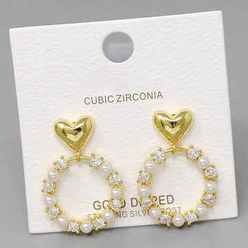 Heart CZ And Pearl Hoop Drop Earrings