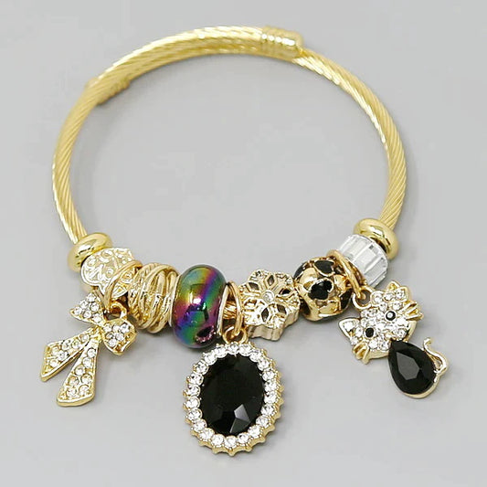 Bow & Kitty Cat Multi Charm Textured Bangle Bracelet