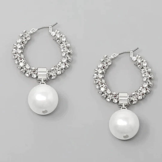 Pearl Charm Rhinestone Wrapped Hoop Earrings