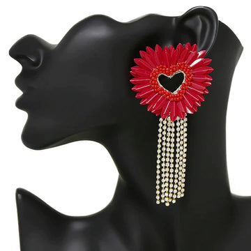 Sequined Heart Rhinestone Fringe Earrings