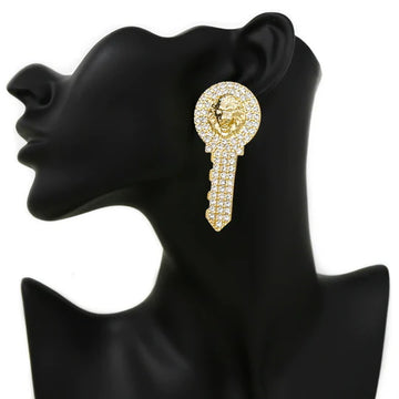 Lion Head Key Glass Stone Pave Earrings