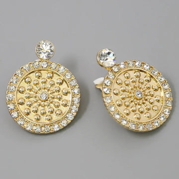 Glass Stone Embellished Disc Clip On Earrings