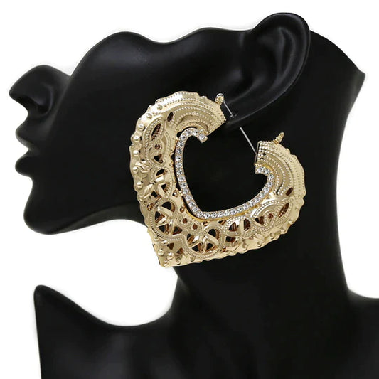 Metal Lace Heart Chunky Hoop Earrings