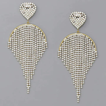 Heart With Fringe Glass Stone Pave Statement Earrings