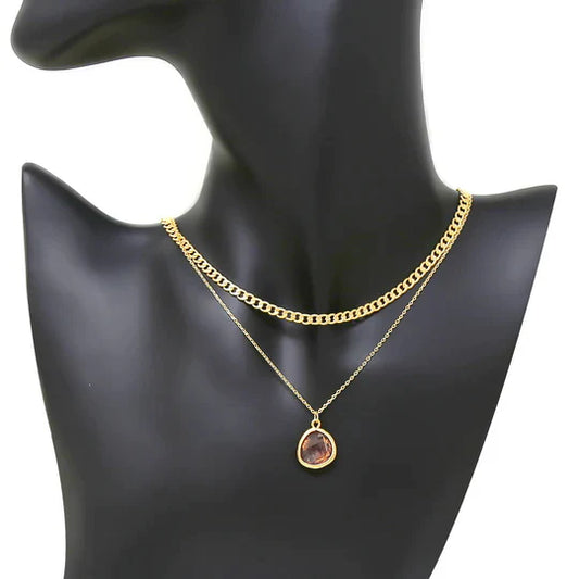 Glass Stone Pendant Layered Chain Necklace Set