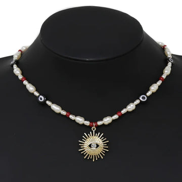 Evil Eye Sun Shape Pendant Pearl Beaded Short Necklace