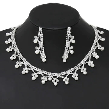 Pearl Detail Rhimestone Collar Statement Necklace Set