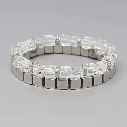 Glass & Metal Cube Beaded Stretch Bracelet Set