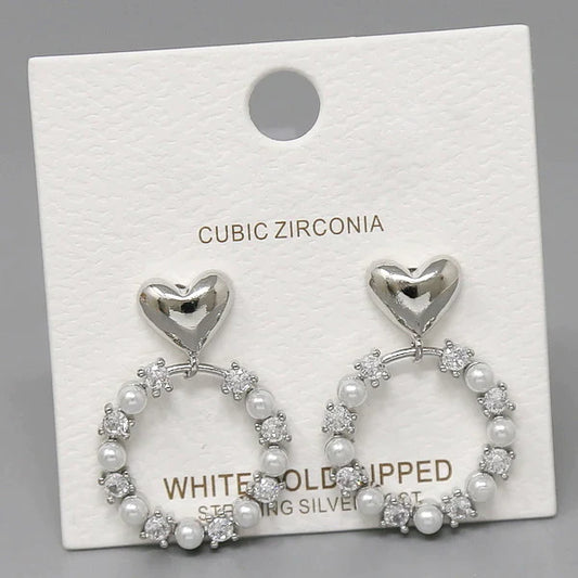 Heart CZ And Pearl Hoop Drop Earrings