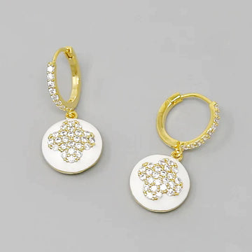 CZ Pave Quatrefoil Clover Charm Huggie Hoop Earrings