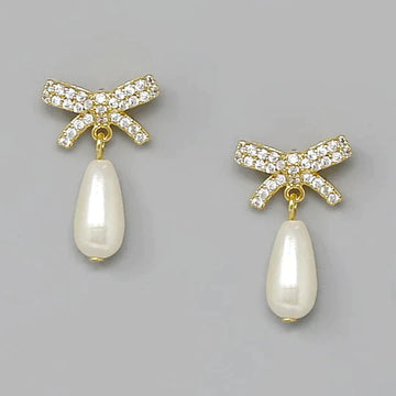 Bow CZ Pave Pearl Drop Earrings