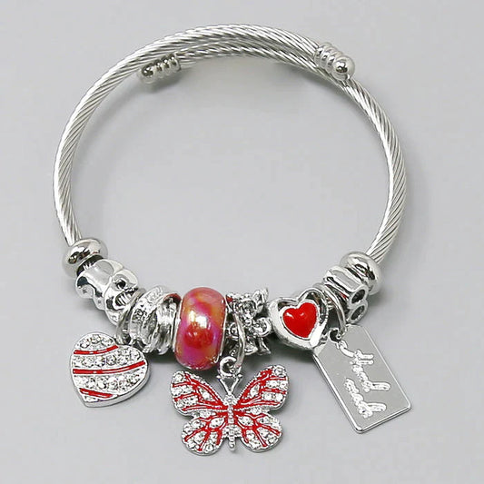 Heart And Butterfly Multi Charm Textured Bangle Bracelet