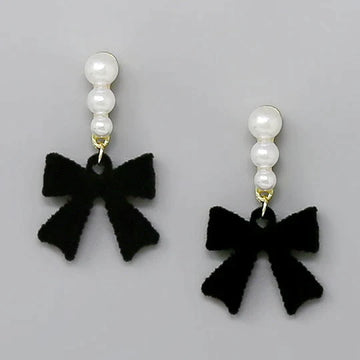 Fuzzy Bow Triple Pearl Drop Earrings