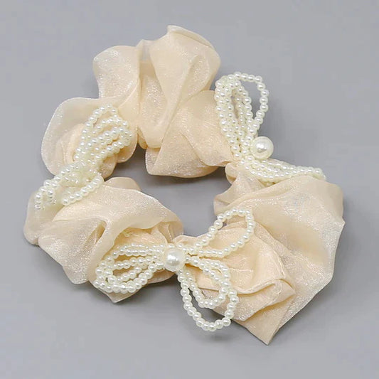 Pearl Beaded Bow Sheer Ponytail Holder