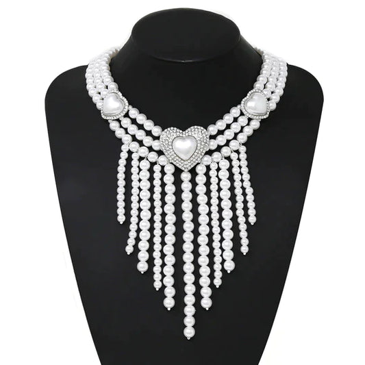 Heart Detai Pearl Fringe Statement Necklace