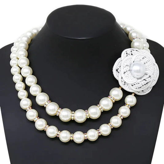 Camelia Flower Detail Pearl Beaded Layered Necklace