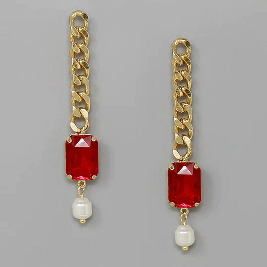 Emerald Cut Stone Chain Drop Statement Earrings