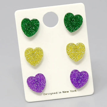 MARDI GRAS Heart Shape Acetate Stud Earrings