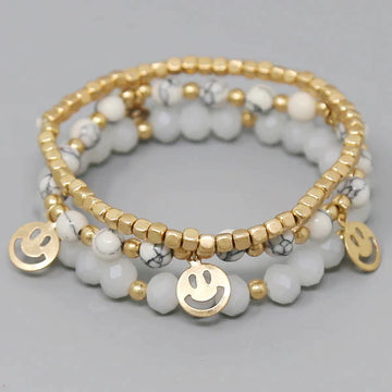 Smiley Face Charm Beaded Stretch Bracelet Set